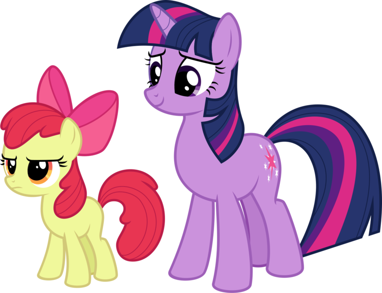 Size: 1457x1119 | Tagged: safe, artist:sollace, derpibooru import, apple bloom, twilight sparkle, earth pony, pony, unicorn, bridle gossip, season 1, .svg available, derpibooru exclusive, duo, female, filly, foal, frown, g4, horn, image, mare, missing cutie mark, png, simple background, smiling, standing, transparent background, unicorn twilight, vector