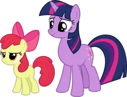 Size: 1457x1119 | Tagged: safe, artist:sollace, derpibooru import, apple bloom, twilight sparkle, earth pony, pony, unicorn, bridle gossip, season 1, .svg available, derpibooru exclusive, duo, female, filly, foal, frown, g4, horn, image, mare, missing cutie mark, png, simple background, smiling, standing, transparent background, unicorn twilight, vector