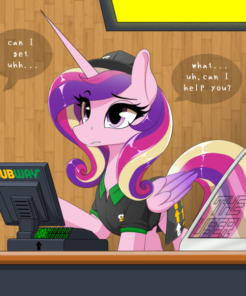 Size: 2500x3000 | Tagged: safe, artist:theuser, derpibooru import, princess cadance, alicorn, pony, cash register, cashier, clothes, fast food, female, food, hat, image, mare, offscreen character, png, qr code, shirt, solo, speech bubble, subway