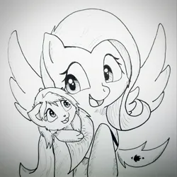 Size: 2066x2068 | Tagged: safe, artist:bitelstar, fluttershy, original species, pegasus, pony, carrying, cute, image, jpeg, looking at each other, monochrome, open smile, raised hoof, simple background, sketch, spread wings, tail, traditional art, white background, wings