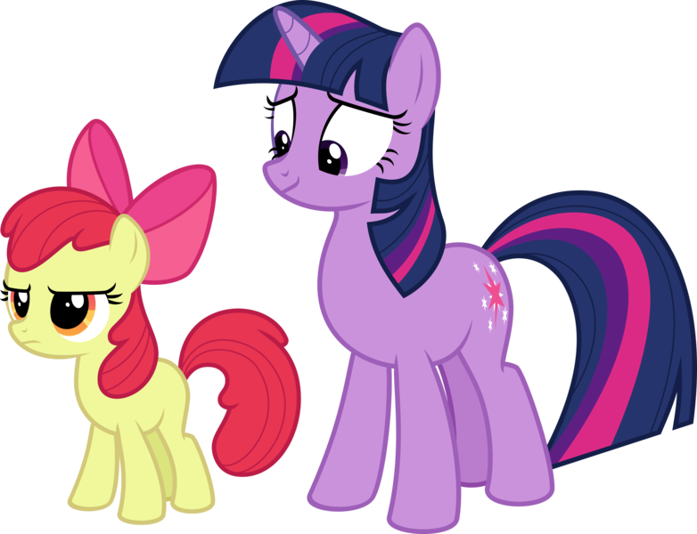 Size: 7815x6000 | Tagged: questionable, alternate version, artist:sollace, ponerpics import, ponybooru import, apple bloom, twilight sparkle, earth pony, pony, unicorn, bridle gossip, season 1, duo, female, filly, foal, frown, horn, image, imminent foalcon, mare, missing cutie mark, png, ponybooru exclusive, simple background, smiling, standing, transparent background, twilight is a foal fiddler, unicorn twilight, vector