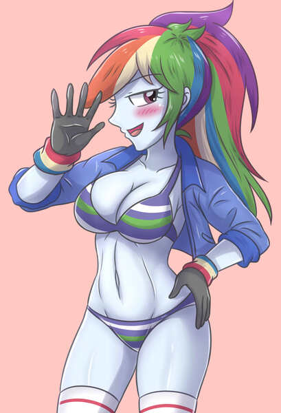 Size: 2257x3307 | Tagged: suggestive, artist:sumin6301, derpibooru import, rainbow dash, equestria girls, 2d, belly button, blushing, breasts, busty rainbow dash, cleavage, clothes, female, g4, gloves, hand on hip, image, jacket, jpeg, lidded eyes, long sleeves, looking to the left, midriff, open mouth, open smile, panties, pink background, sideboob, sideways glance, simple background, smiling, socks, solo, striped bra, striped panties, striped underwear, thigh highs, thighs, underwear, wristband