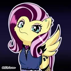 Size: 4096x4096 | Tagged: safe, artist:bitelstar, fluttershy, pegasus, pony, alternate hairstyle, clothes, cutie mark, ear piercing, earring, emoshy, eyeshadow, female, fishnets, frown, gradient background, image, jewelry, looking at you, makeup, mare, piercing, png, solo, spread wings, tail, wings