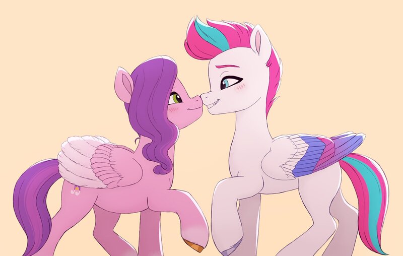 Size: 1600x1015 | Tagged: safe, artist:zephyrcrocus, derpibooru import, pipp petals, zipp storm, pegasus, pony, g5, blushing, boop, duo, duo female, female, image, incest, jpeg, lesbian, looking at each other, looking at someone, noseboop, pippzipp, raised hoof, royal sisters (g5), shipping, siblings, simple background, sisters, smiling, smiling at each other