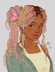 Size: 636x836 | Tagged: safe, artist:girlyloomis, derpibooru import, fluttershy, human, barely pony related, blackwashing, dark skin, dreadlocks, ear piercing, earring, female, freckles, g4, gray background, humanized, image, jewelry, jpeg, necklace, piercing, ponytail, simple background, solo