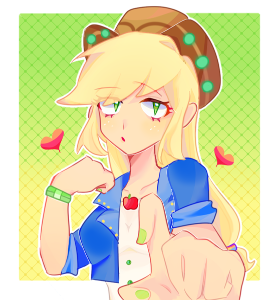 Size: 692x756 | Tagged: safe, alternate version, artist:sanshuiyiwang, derpibooru import, applejack, human, equestria girls, equestria girls series, spoiler:choose your own ending (season 2), spoiler:eqg series (season 2), applejack's festival hat, bust, gradient background, heart, humanized, image, looking at you, music festival outfit, patterned background, png, portrait, solo