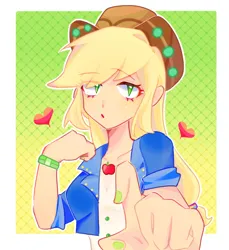 Size: 692x756 | Tagged: safe, alternate version, artist:sanshuiyiwang, derpibooru import, applejack, human, equestria girls, equestria girls series, spoiler:choose your own ending (season 2), spoiler:eqg series (season 2), applejack's festival hat, bust, gradient background, heart, humanized, image, looking at you, music festival outfit, patterned background, png, portrait, solo