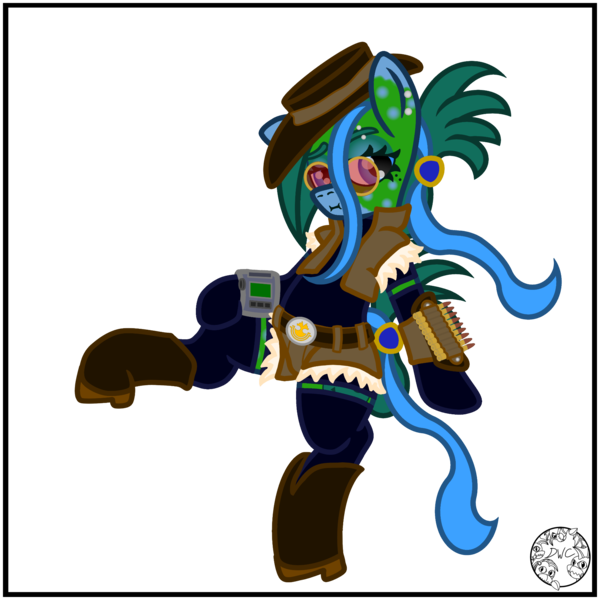 Size: 2000x2000 | Tagged: safe, artist:dice-warwick, derpibooru import, oc, oc:tapper tablature, unofficial characters only, original species, pony, fallout equestria, fallout equestria: dance of the orthrus, beauty mark, belts, bodysuit, boots, bullet, clothes, ear piercing, eyebrow piercing, eyebrows, fanfic art, female, glasses, gloves, hat, image, jacket, leather, leather jacket, long gloves, mare, mirage pony, piercing, pipbuck, png, shoes, simple background, socks, thigh highs, transparent background