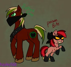 Size: 2306x2170 | Tagged: safe, artist:hayley5662, derpibooru import, apple bloom, big macintosh, earth pony, pony, abstract background, boots, clothes, domino mask, face mask, female, filly, foal, green eyes, grin, image, jpeg, male, mask, nightmarified, raised hoof, raised hooves, shoes, smiling, stallion, text