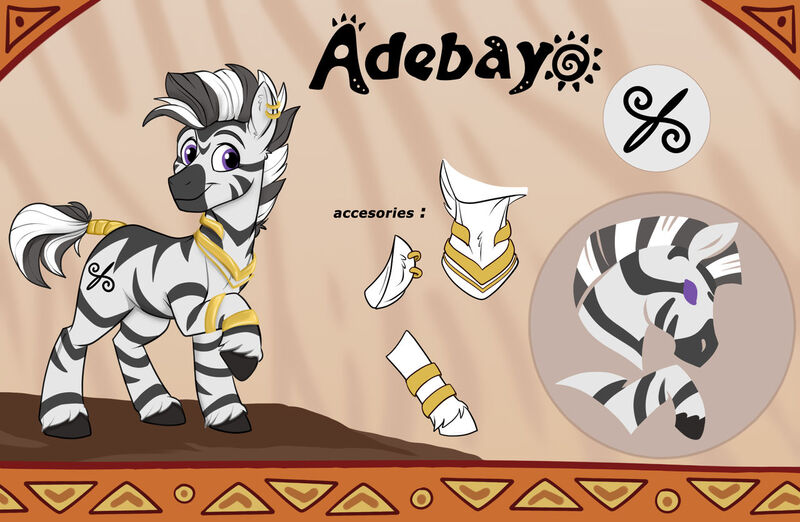 Size: 1280x835 | Tagged: safe, artist:rutkotka, derpibooru import, oc, oc:adebayo, unofficial characters only, zebra, commission, ear fluff, ear piercing, earring, image, jewelry, jpeg, looking at you, male, piercing, raised hoof, reference sheet, smiling, solo, zebra oc