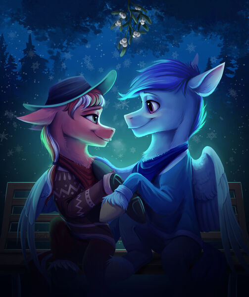 Size: 1920x2292 | Tagged: safe, artist:klarapl, derpibooru import, oc, unofficial characters only, earth pony, pegasus, pony, bench, clothes, commission, duo, earth pony oc, female, hat, image, jpeg, looking at each other, looking at someone, male, mare, oc x oc, pegasus oc, scarf, shipping, sitting, smiling, smiling at each other, snow, stallion, straight, sweater, wings