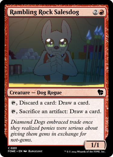 Size: 375x523 | Tagged: safe, artist:rangelost, derpibooru import, edit, diamond dog, ccg, d20 pony, image, magic the gathering, png, shop, shopkeeper, spear, trading card, trading card edit, trading card game, weapon