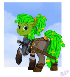 Size: 1280x1401 | Tagged: safe, artist:rutkotka, derpibooru import, oc, unofficial characters only, earth pony, pony, armor, boots, clothes, crossover, dreadlocks, ear fluff, earth pony oc, female, image, jpeg, looking at you, mare, ponytail, raised hoof, shoes, smiling, smiling at you, solo, sword, tail, tail wrap, the witcher, weapon