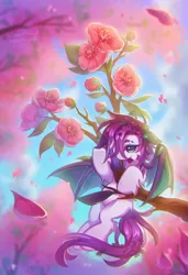 Size: 2440x3570 | Tagged: safe, artist:dedfriend, derpibooru import, oc, unofficial characters only, bat pony, pony, bat pony oc, bat wings, female, flower, flower in hair, image, mare, micro, png, solo, tree, tree branch, wings
