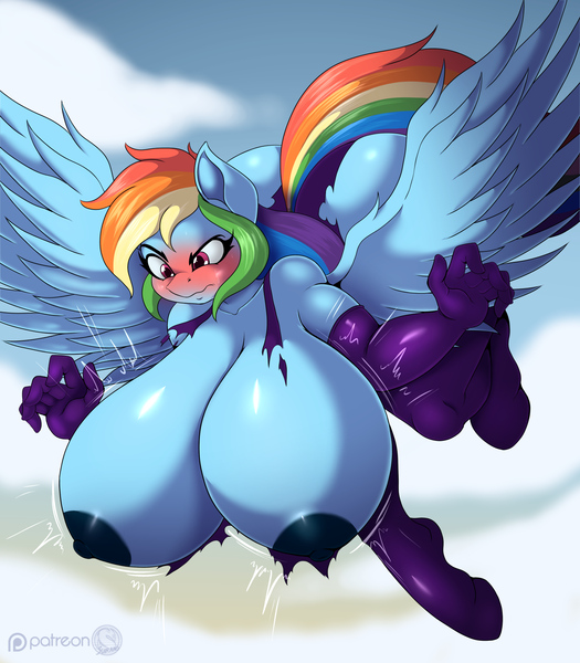 Size: 1480x1691 | Tagged: questionable, artist:suirano, derpibooru import, rainbow dash, anthro, pegasus, unguligrade anthro, big breasts, blushing, breast expansion, breasts, busty rainbow dash, clothes, female, flying, growth, huge breasts, image, impossibly large breasts, nipples, nudity, partial nudity, png, solo, solo female, topless, torn clothes, unamused, wardrobe malfunction