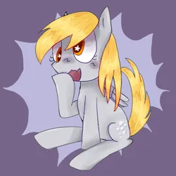 Size: 1280x1280 | Tagged: safe, derpibooru import, derpy hooves, pegasus, colored, cute, female, image, open mouth, png, purple background, raised hoof, simple background, sitting, solo