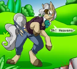 Size: 383x343 | Tagged: safe, artist:nega subucni, derpibooru import, mayor mare, earth pony, human, pony, blushing, bush, clothes, collar, female, g4, glasses, human to pony, image, pants, png, ripped pants, shirt, sky, solo, speech bubble, torn clothes, transformation