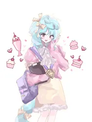 Size: 1895x2513 | Tagged: safe, artist:yisuya280, derpibooru import, cozy glow, human, backpack, blouse, blushing, cake, clipboard, clothes, cupcake, dress, food, heart, humanized, image, looking at you, open mouth, png, simple background, solo, tail, tailed humanization, white background