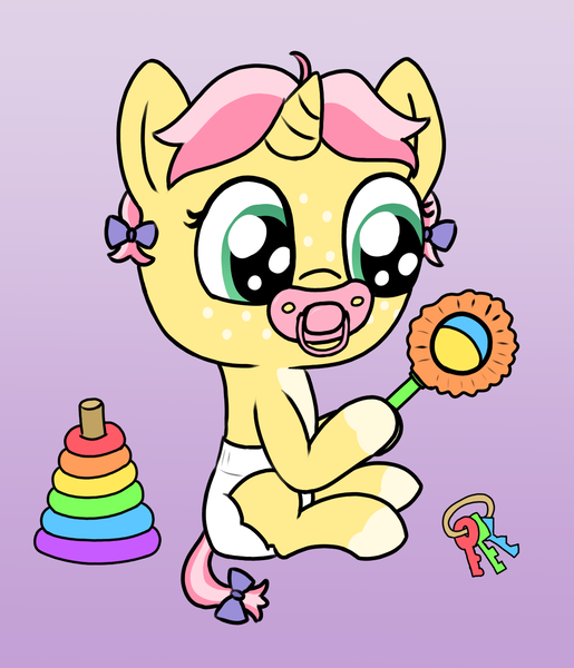 Size: 1287x1500 | Tagged: safe, artist:craftycirclepony, derpibooru import, oc, oc:crafty circles, unofficial characters only, pony, unicorn, baby, baby pony, bow, coat markings, cute, diaper, female, filly, foal, freckles, gradient background, hair bow, holding, horn, image, jewelry, key, pacifier, png, rattle, ring, short hair, sitting, socks (coat marking), solo, toy