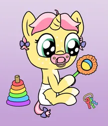 Size: 1287x1500 | Tagged: safe, artist:craftycirclepony, derpibooru import, oc, oc:crafty circles, unofficial characters only, pony, unicorn, baby, baby pony, bow, coat markings, cute, diaper, female, filly, foal, freckles, gradient background, hair bow, holding, horn, image, jewelry, key, pacifier, png, rattle, ring, short hair, sitting, socks (coat marking), solo, toy