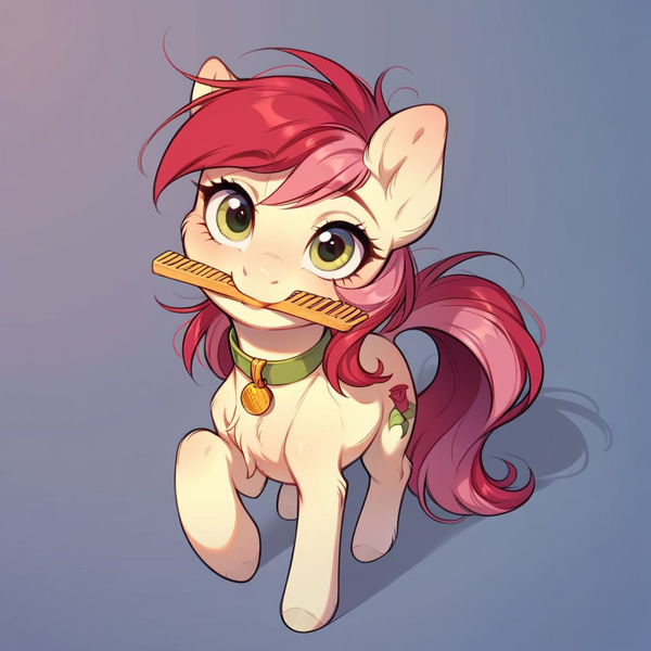 Size: 1024x1024 | Tagged: safe, ai content, derpibooru import, machine learning generated, prompter:doom9454, stable diffusion, roseluck, pony, brush, collar, cute, fluffy, generator:pony diffusion v6 xl, gradient background, hairbrush, image, looking at you, messy mane, mouth hold, pet tag, png, pony pet, rosepet, solo, standing