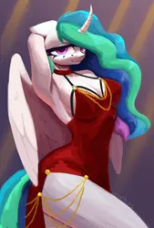 Size: 2500x3700 | Tagged: suggestive, artist:anastas, derpibooru import, princess celestia, alicorn, anthro, pegasus, unicorn, abstract background, beautisexy, bedroom eyes, breasts, busty princess celestia, chains, cleavage, clothes, curved horn, cute, dress, eyelashes, female, fishtail dress meme, floppy ears, folded wings, g4, horn, image, looking at you, meme, png, sexy, smiling, smiling at you, sternocleidomastoid, stupid sexy celestia, wings