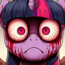 Size: 1024x1024 | Tagged: grimdark, ai content, derpibooru import, machine learning generated, prompter:enterusxrname, twilight sparkle, pony, unicorn, blood, blood on face, bloodshot eyes, close-up, frown, g4, generator:bing image creator, generator:dall-e 3, horn, image, jpeg, manga style, outdoors, red eyes, unicorn twilight, wide eyes