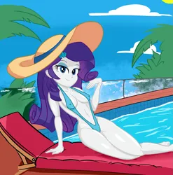 Size: 1575x1596 | Tagged: suggestive, artist:calmbreezes, derpibooru import, rarity, human, equestria girls, beach chair, bikini, chair, clothes, g4, hat, image, palm tree, png, sky, sling bikini, solo, sun hat, swimming pool, swimsuit, tree, water