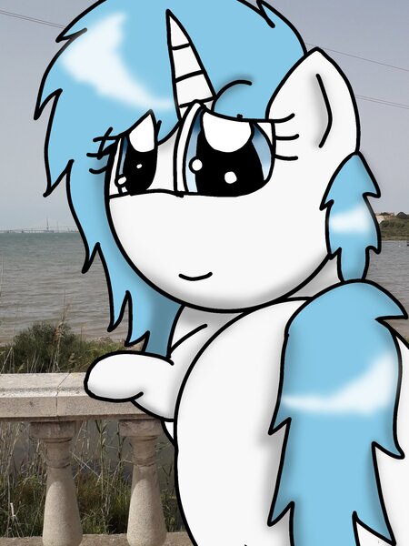 Size: 1536x2048 | Tagged: safe, artist:foxfer64_yt, derpibooru import, oc, oc:nara (fl), alicorn, pony, bayside, bridge, image, jpeg, looking at you, looking back, looking back at you, smiling, solo