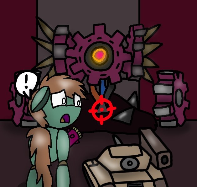 Size: 629x596 | Tagged: safe, artist:foxfer64_yt, derpibooru import, oc, oc:goldheart, pony, robot, robot pony, arm cannon, exclamation point, gears, image, jpeg, junk, looking down, scared, tank (vehicle), target