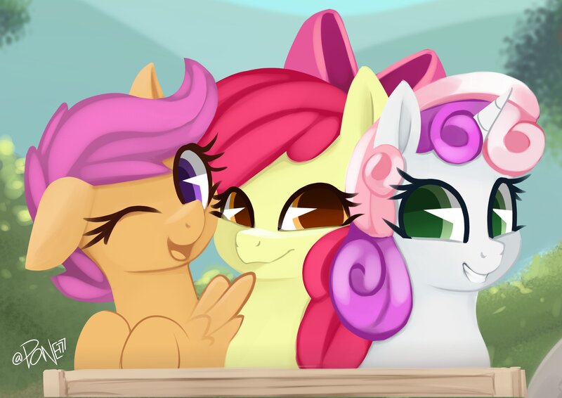 Size: 4092x2893 | Tagged: safe, artist:rivin177, derpibooru import, apple bloom, scootaloo, sweetie belle, earth pony, pegasus, pony, unicorn, cart, cutie mark crusaders, female, filly, foal, grin, horn, image, jpeg, looking at you, one ear down, one eye closed, smiling, smiling at you, wink