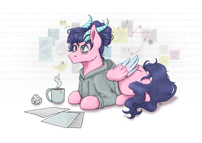 Size: 4961x3508 | Tagged: safe, artist:delfinaluther, derpibooru import, oc, pegasus, pony, blue mane, chocolate, food, genderfluid, horns, hot chocolate, image, insanity, paper, png, solo, wings