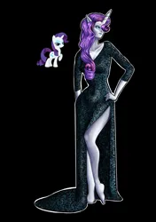 Size: 1920x2723 | Tagged: safe, artist:witchygoths, derpibooru import, rarity, anthro, human, pony, unicorn, alternate hairstyle, barefoot, black background, clothes, dress, elf ears, eyeshadow, feet, female, horn, horned humanization, humanized, image, jpeg, makeup, mare, pony coloring, simple background, solo