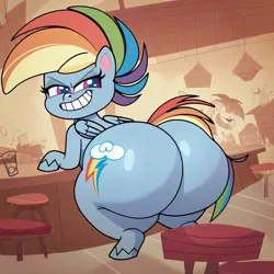 Size: 4096x4096 | Tagged: suggestive, ai content, derpibooru import, machine learning generated, stable diffusion, rainbow dash, pegasus, my little pony: pony life, butt, buttcheeks, g4, generator:purplesmart.ai, huge butt, image, large butt, looking at you, muscles, png, rainbuff dash, rainbutt dash, rear view, smiling, tavern