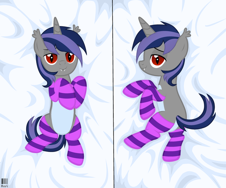 Size: 2500x2088 | Tagged: safe, artist:ghostpikachu, derpibooru import, oc, oc:dreaming star, unofficial characters only, bat pony, bat pony unicorn, hybrid, pony, unicorn, base used, blanket, body pillow, body pillow design, butt, clothes, cute, fangs, g4, horn, image, lying down, male, on back, pale belly, plot, png, red eyes, sexy, smiling, socks, stallion, striped socks