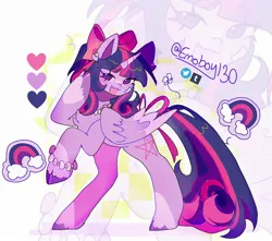 Size: 2088x1846 | Tagged: safe, artist:emoboy130, derpibooru import, twilight sparkle, twilight sparkle (alicorn), alicorn, pony, :3, abstract background, alternate cutie mark, alternate design, alternate hairstyle, bandaid, bow, chest fluff, coat markings, color palette, colored eartips, colored hooves, colored horn, colored pinnae, colored wings, colored wingtips, coquette, ear fluff, ear piercing, earring, facial markings, female, folded wings, g4, hair bow, horn, image, jewelry, jpeg, long mane, long tail, looking away, mare, multicolored mane, multicolored tail, necklace, open mouth, open smile, pearl necklace, piercing, ponytail, purple coat, purple eyes, rainbow, rearing, shiny hooves, shiny mane, shiny tail, signature, smiling, snip (coat marking), socks (coat marking), solo, tail, tied mane, two toned wings, unicorn horn, unshorn fetlocks, wingding eyes, wings, zoom layer