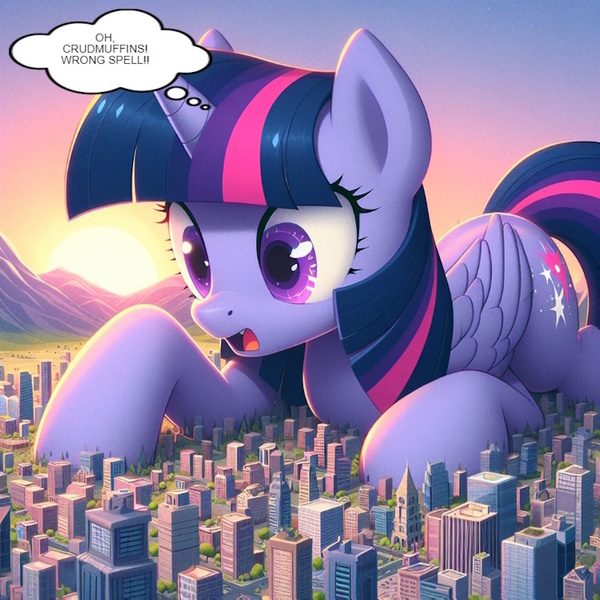 Size: 1024x1024 | Tagged: safe, ai content, derpibooru import, editor:giantpony, machine learning assisted, machine learning generated, prompter:giantpony, twilight sparkle, twilight sparkle (alicorn), alicorn, pony, cute, female, g4, generator:bing image creator, generator:dall-e 3, giant pony, giant twilight sparkle, giantess, huge pony, image, implied accident, implied humans, jpeg, larger female, macro, macro/micro, mega, mega macro, micro city, phraseit, size difference, story included, tiny city, towering, twiabetes