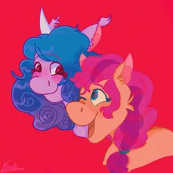 Size: 1080x1080 | Tagged: safe, artist:lovelypidgeon, derpibooru import, izzy moonbow, sunny starscout, earth pony, pony, unicorn, g5, 2021, blushing, duo, duo female, female, heart, heart eyes, horn, image, lesbian, mare, open mouth, open smile, png, red background, ship:moonscout, shipping, signature, simple background, smiling, wingding eyes