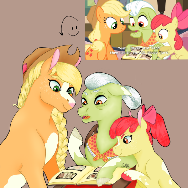 Size: 2048x2048 | Tagged: safe, artist:soapy-bubblz, derpibooru import, apple bloom, applejack, granny smith, earth pony, pony, beige background, female, filly, foal, image, mare, open mouth, photo album, png, redraw, reference used, simple background