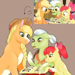 Size: 2048x2048 | Tagged: safe, artist:soapy-bubblz, derpibooru import, apple bloom, applejack, granny smith, earth pony, pony, beige background, female, filly, foal, image, mare, open mouth, photo album, png, redraw, reference used, simple background