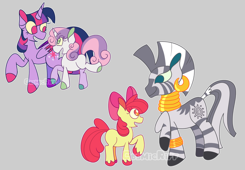 Size: 2048x1423 | Tagged: safe, artist:cosmicriff, derpibooru import, apple bloom, sweetie belle, twilight sparkle, twilight sparkle (alicorn), zecora, alicorn, earth pony, pony, unicorn, zebra, female, filly, foal, gray background, horn, image, mare, png, simple background
