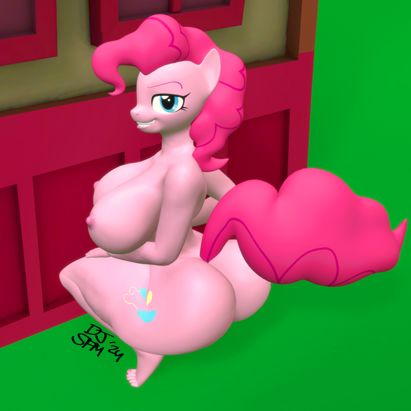 Size: 1080x1080 | Tagged: questionable, artist:dj_ballistic5, derpibooru import, pinkie pie, anthro, earth pony, plantigrade anthro, 3d, balloonbutt, breasts, butt, exhibitionism, feet, image, large butt, looking at you, nipples, nudity, outdoors, png, public nudity, smiling, smiling at you, source filmmaker, squatting, tail