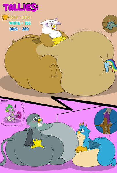 Size: 3000x4442 | Tagged: suggestive, artist:rupert, derpibooru import, gabby, gallus, gilda, rainbow dash, smolder, spike, dragon, gryphon, pegasus, pony, series:catbird 3's colossal squish program, belly, belly sandwich, belly squish, big belly, blushing, butt, butt squish, butt touch, donut, exclamation point, eyes closed, fat, fat fetish, feeding, female, fetish, food, full body hotdogging, g4, hand on butt, happy, heart, hose, huge belly, huge butt, image, incentive drive, large butt, looking up, male, milestone, missing cutie mark, morbidly obese, navel play, obese, offscreen character, onomatopoeia, pale belly, plot, png, puffy cheeks, rolls of fat, running, shrunken pupils, smiling, sweat, sweatdrop, weight gain sequence