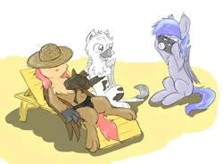 Size: 1280x941 | Tagged: safe, derpibooru import, oc, oc:discoordination, oc:griffin zephyr, oc:ponygriff, gryphon, pegasus, aggie.io, camera, clothes, hat, image, imminent mud bath, jpeg, lying down, male, males only, mud, on back, ponygriff, sitting, sketch, speedo, sunbathing, swimming trunks, swimsuit, trio