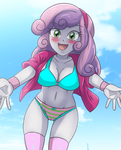 Size: 2200x2724 | Tagged: suggestive, artist:sumin6301 edits, derpibooru import, edit, sweetie belle, human, equestria girls, 2d, belly button, blushing, bow, bowtie, breasts, busty sweetie belle, cameltoe, cleavage, clothes, cloud, cute, embarrassed, embarrassed underwear exposure, eyebrows, eyebrows visible through hair, female, frilly underwear, g4, hairband, image, looking at you, looking down, looking down at you, midriff, older, older sweetie belle, open arms, open mouth, open smile, outdoors, panties, png, shirt, sky, smiling, socks, solo, solo female, striped panties, striped underwear, thigh highs, thighs, tongue out, underwear, underwear edit, wrist cuffs