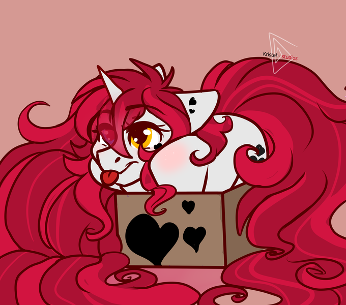 Size: 4608x4064 | Tagged: safe, artist:krissstudios, derpibooru import, oc, oc:yuko, pony, unicorn, :p, absurd resolution, box, eye clipping through hair, eyebrows, eyebrows visible through hair, female, horn, image, mare, png, pony in a box, simple background, solo, tongue out