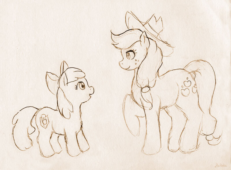 Size: 1000x738 | Tagged: safe, artist:kaikaku, derpibooru import, apple bloom, applejack, earth pony, pony, apple sisters, female, filly, foal, image, jpeg, mare, raised hoof, siblings, sisters, sketch, traditional art