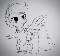 Size: 2259x2117 | Tagged: safe, artist:bitelstar, scootaloo, pegasus, pony, clothes, eyebrows, female, filly, image, monochrome, png, scott pilgrim, shirt, simple background, sketch, smiling, solo, spread wings, sweater, tail, white background, wings, wip
