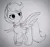 Size: 2259x2117 | Tagged: safe, artist:bitelstar, scootaloo, pegasus, pony, clothes, eyebrows, female, filly, image, monochrome, png, scott pilgrim, shirt, simple background, sketch, smiling, solo, spread wings, sweater, tail, white background, wings, wip