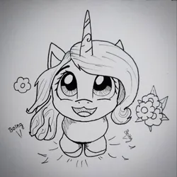 Size: 1910x1911 | Tagged: safe, artist:bitelstar, izzy moonbow, pony, unicorn, g5, cute, eyebrows, flower, from above, horn, image, jumping, looking up, monochrome, onomatopoeia, open mouth, open smile, png, simple background, sketch, white background
